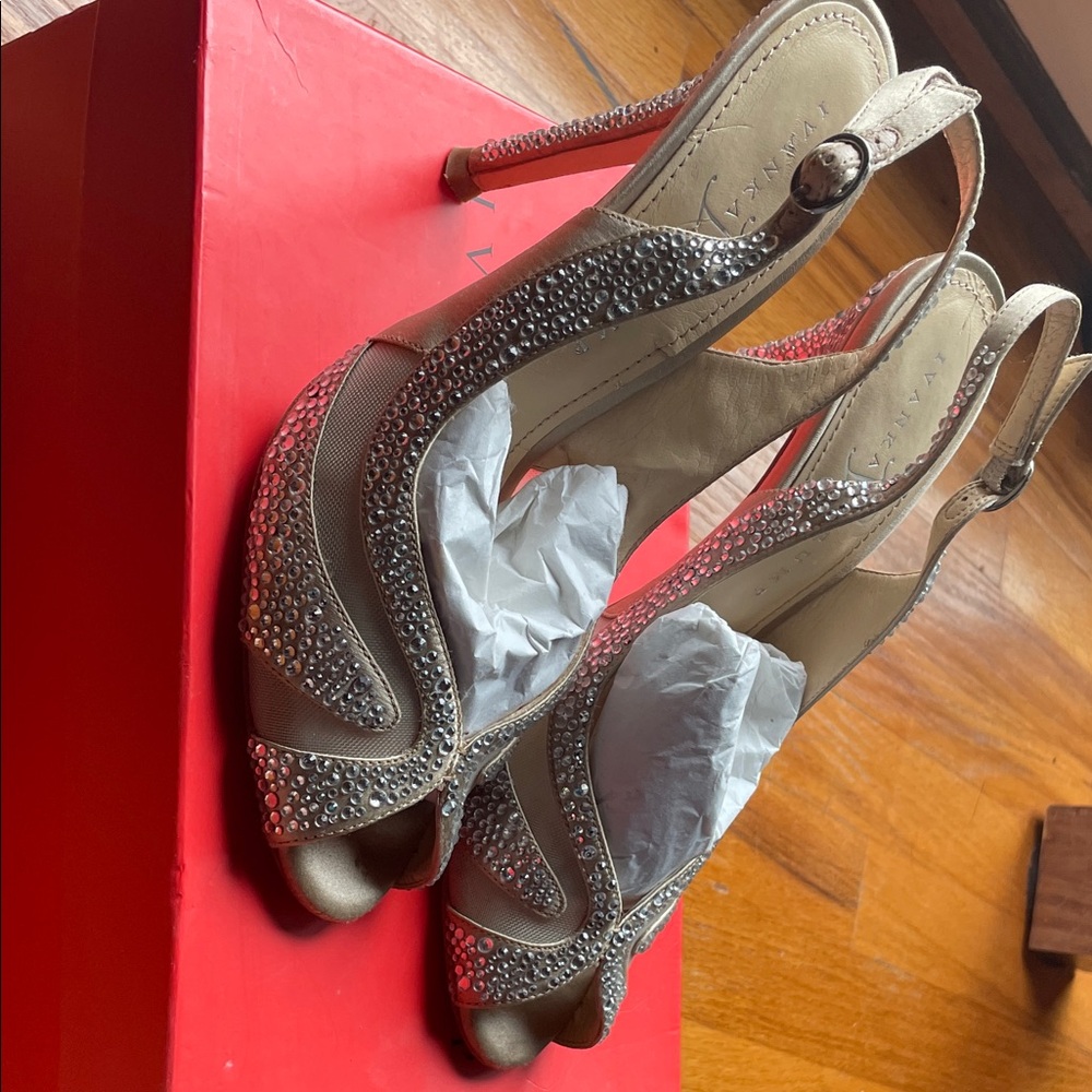 Ivanka Trump Natural Satin Rhinestone Slingback Heels 8.5